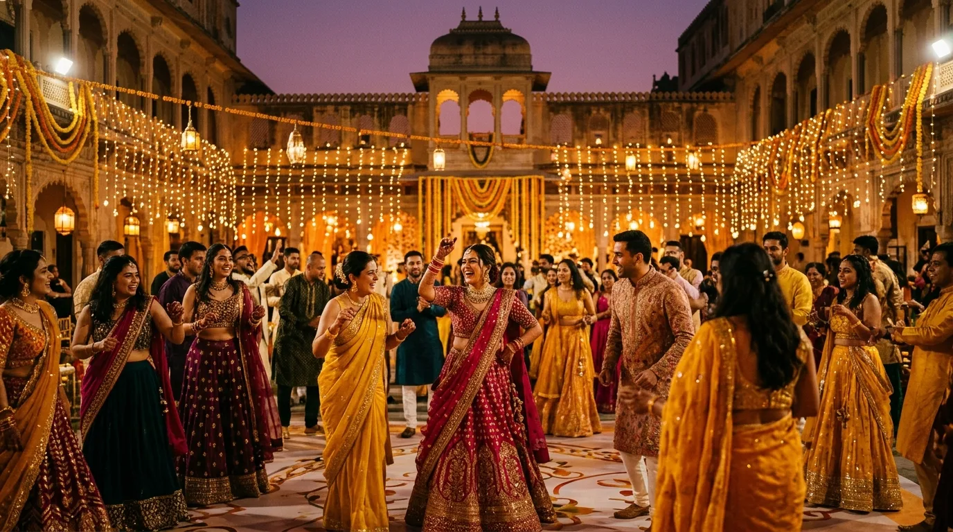 Guests dancing at a sangeet in a palace courtyard strung with fairy lights and marigolds