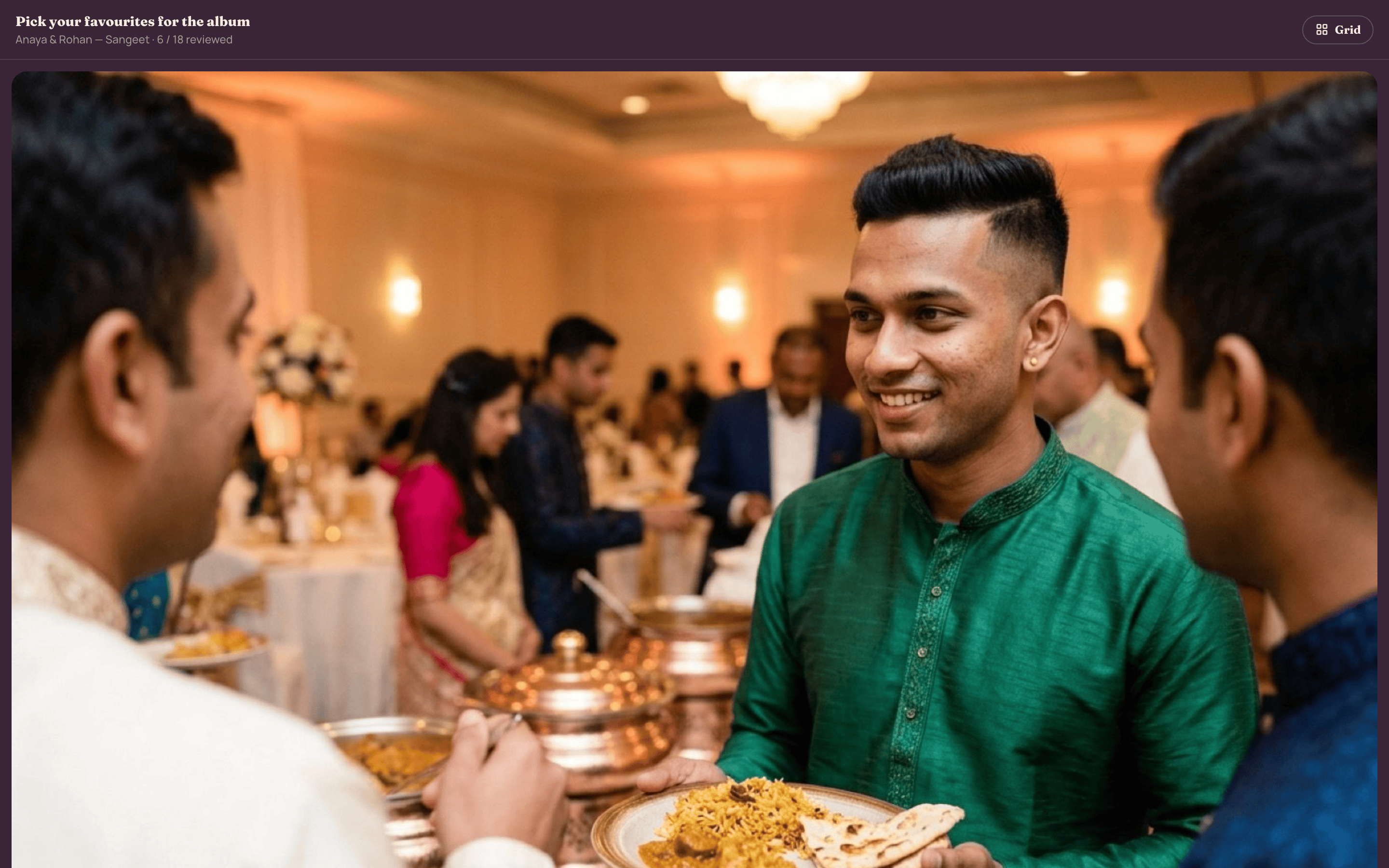 Client review reel: pick-your-favourites flow with Approve and Skip on Reel 2, 34 approved of 60, feeding straight into the photo book