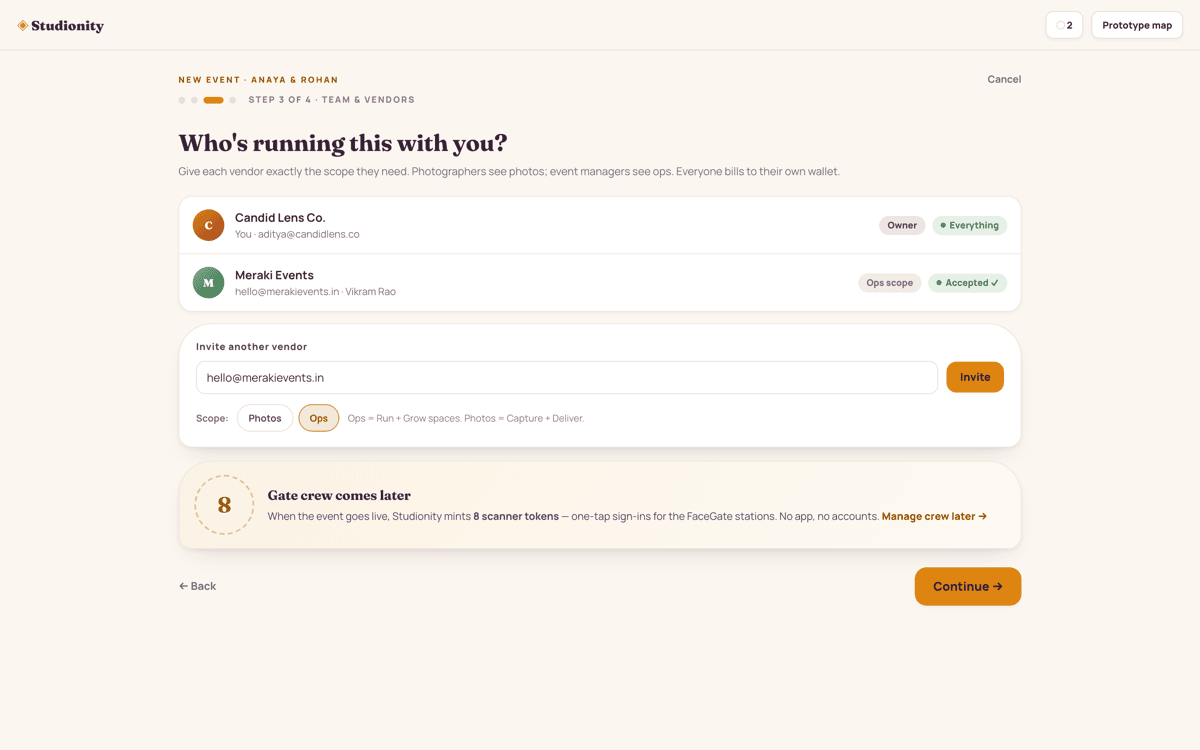 New event creation step 3: team and vendors — invite collaborators with Photos or Ops scope