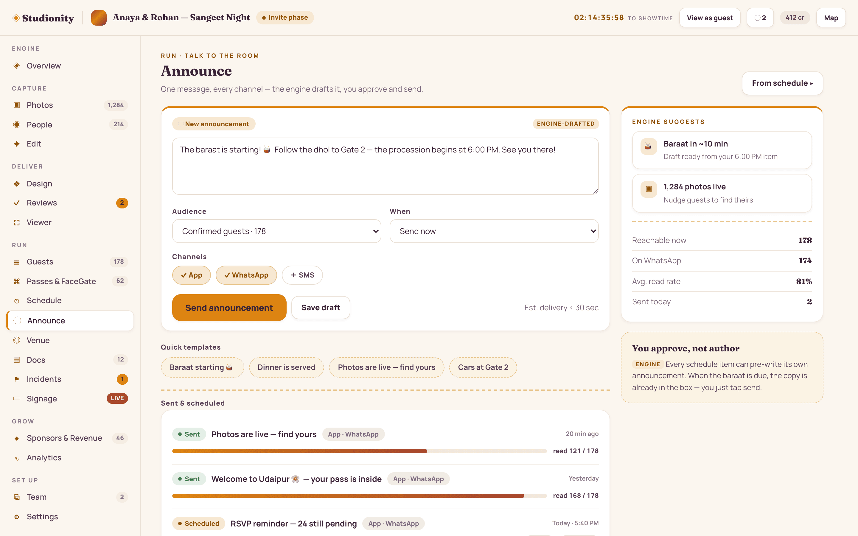 Announce view: composing one message with audience and channel pickers for app, WhatsApp and SMS, scheduled sends and read-rate history