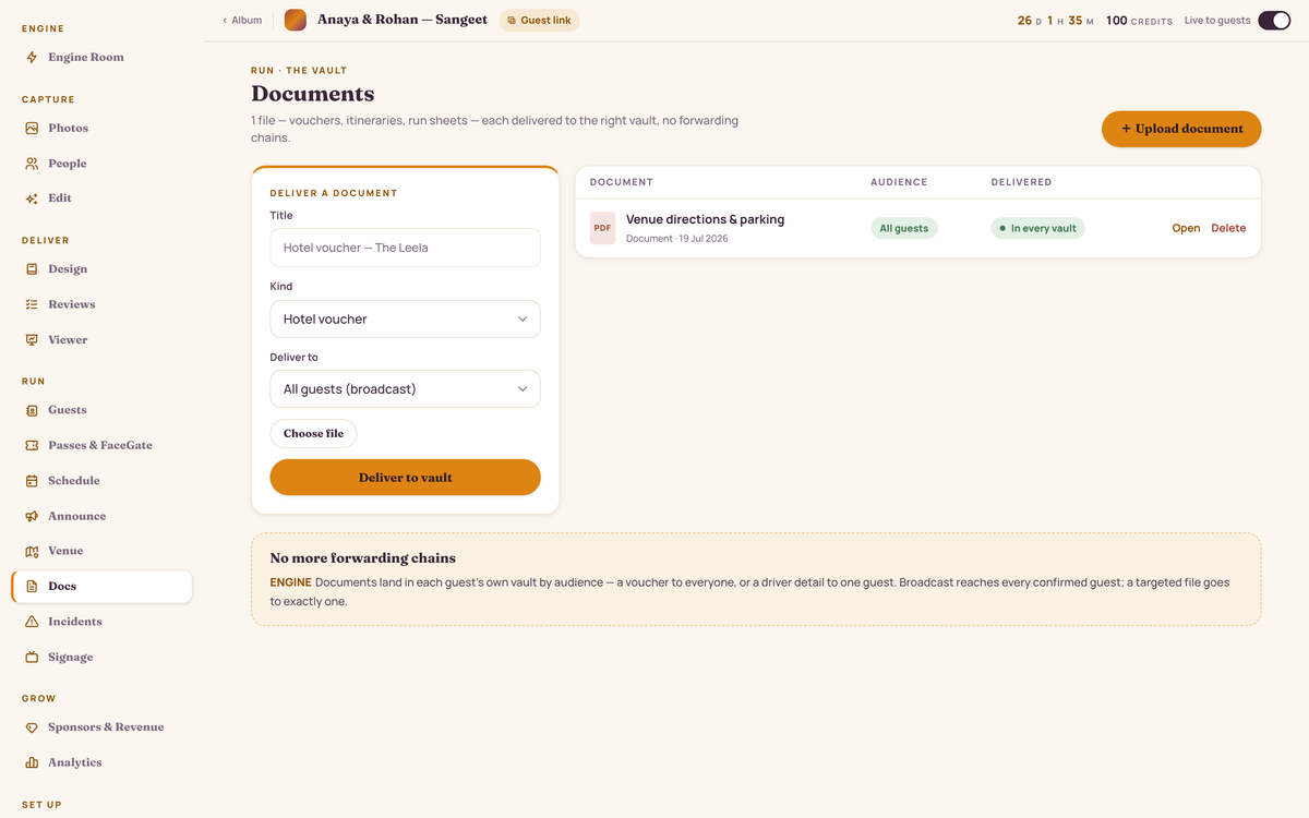 Documents console: files grouped by audience (guests, crew, vendors) with delivery percentages and per-file download actions