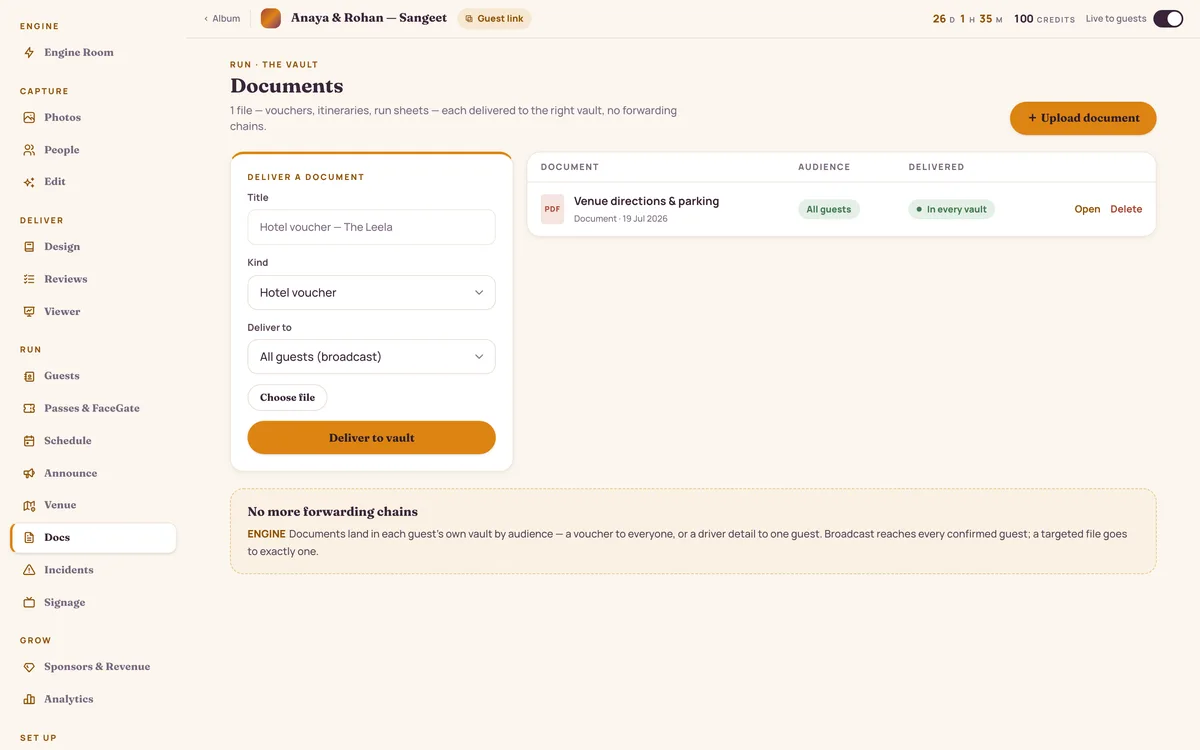 The documents screen in the console: a delivery form on the left and a table showing a venue directions PDF delivered to every guest vault