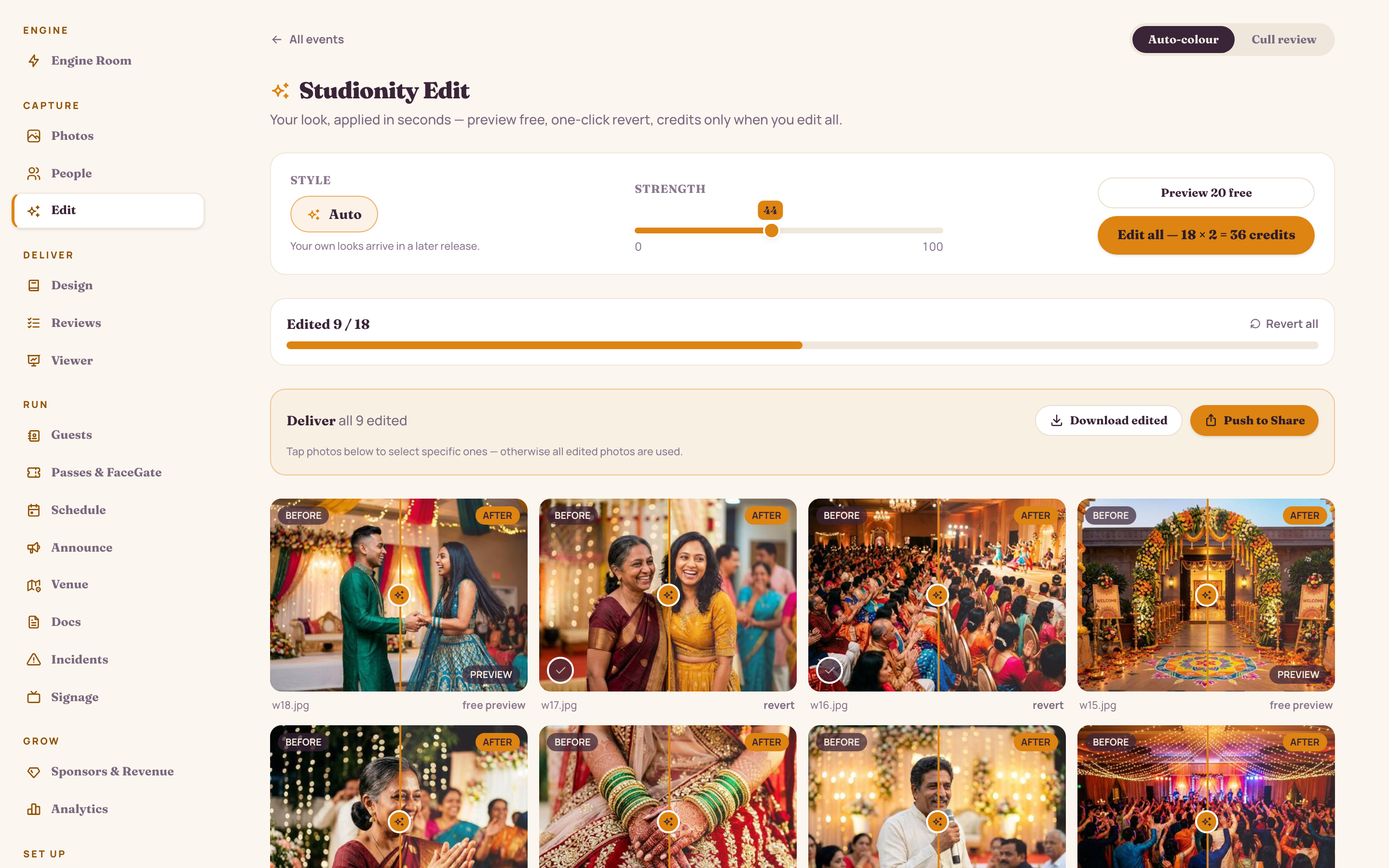 Edit module: auto-colour applied across every keeper photo