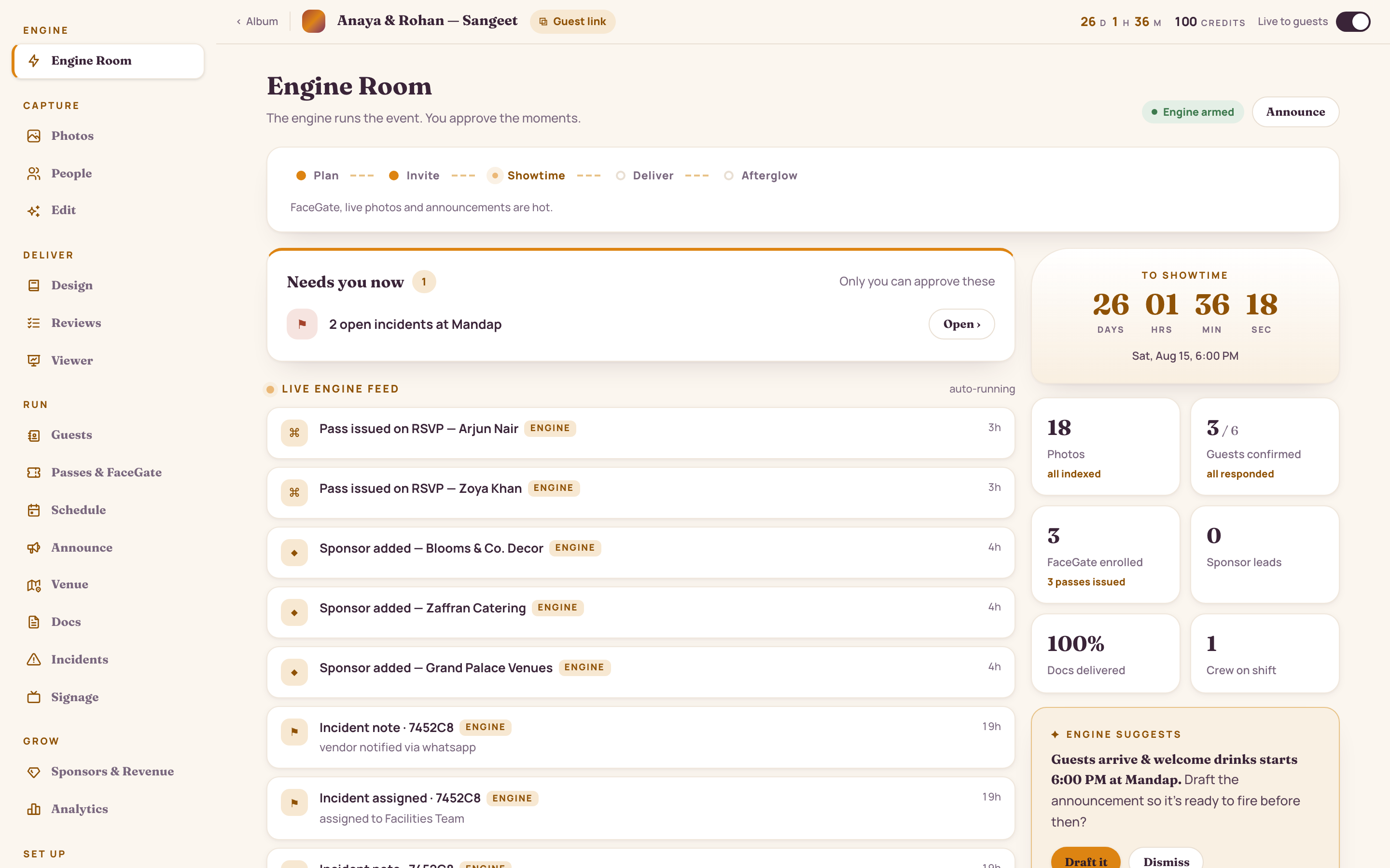 Engine Room event overview: countdown to showtime, status snapshot and jump-off links into every module