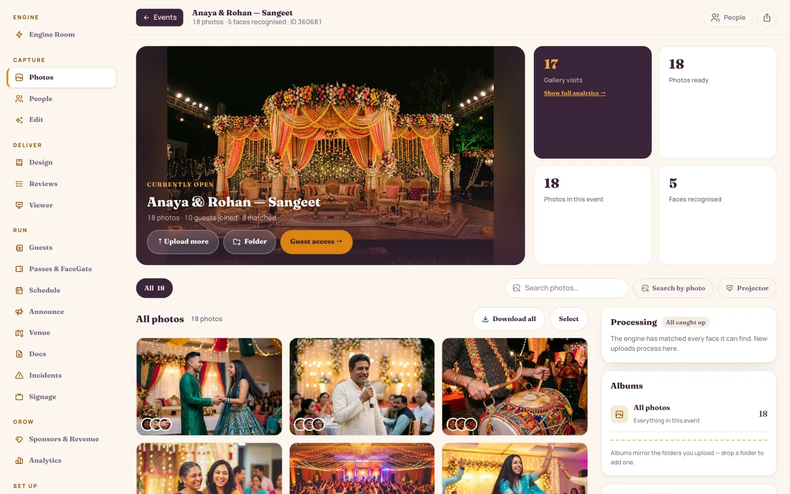 An event open in the Studionity console, with its cover, photo count and matched-guest count