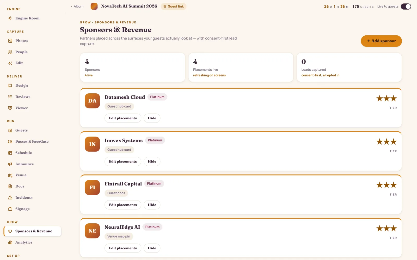 The sponsors screen in the console: four partners with tier badges and their placements across the guest hub, docs and venue map