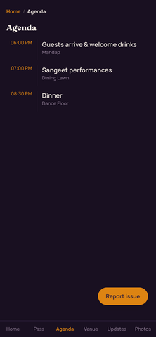 Guest agenda on a phone: the night's moments as a timeline with times and locations — an earlier moment marked done, one 'up next', and later moments with venue pins — plus an add-to-calendar button