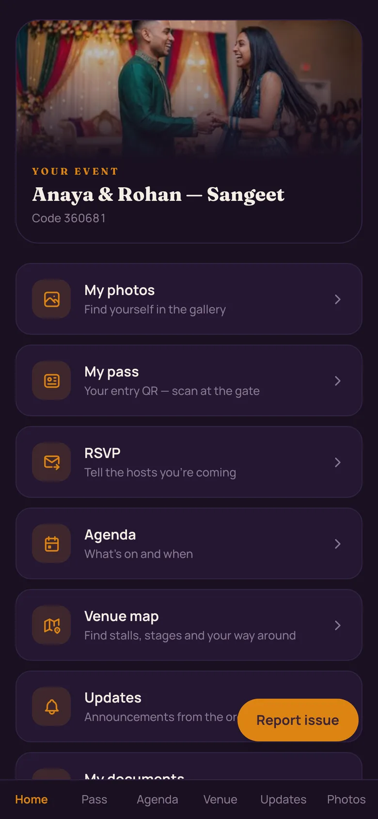 A guest's event hub on a phone with rows for my photos, my pass, RSVP, agenda and the venue map
