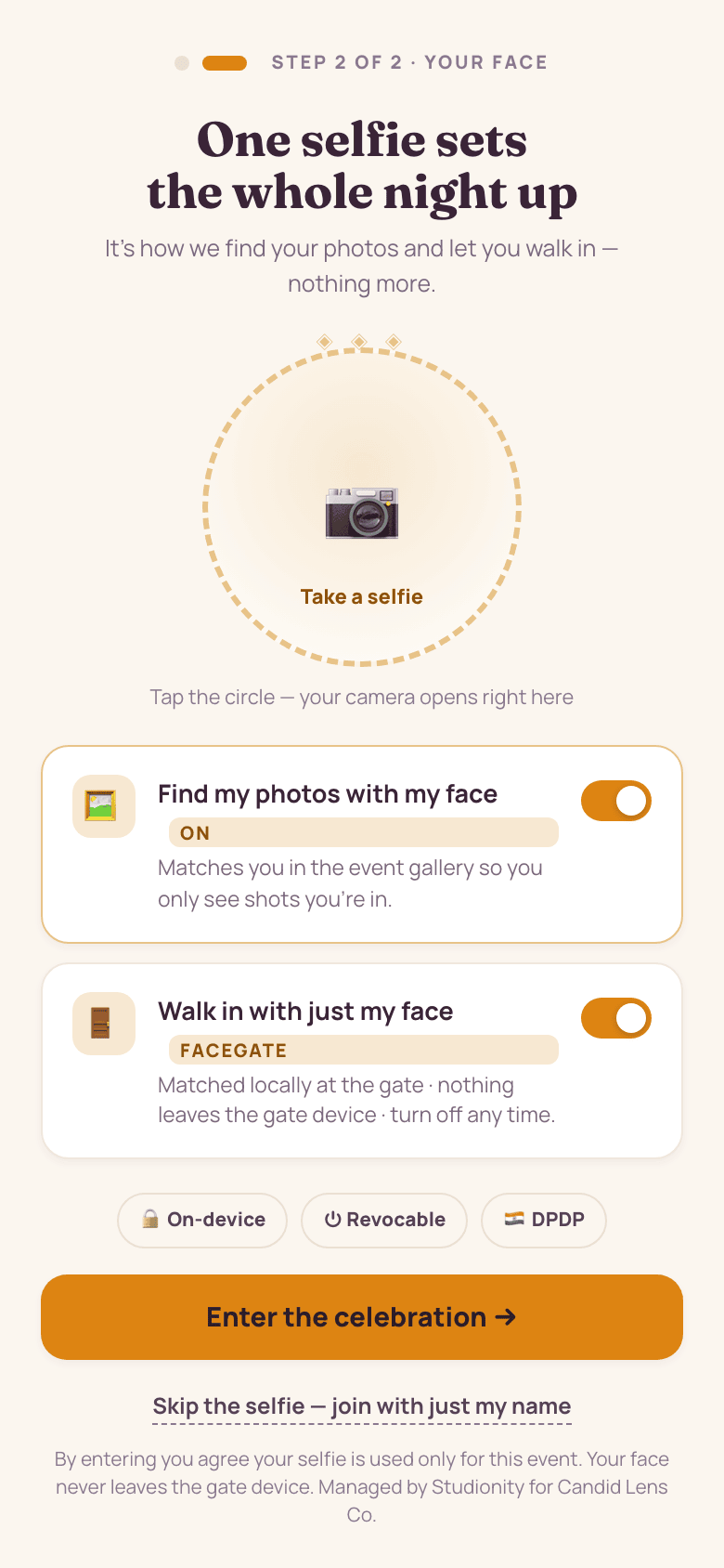 Guest join step two on a phone: 'One selfie sets the whole night up', a camera circle, toggles to find photos by face and to walk in with FaceGate, and On-device / Revocable / DPDP consent badges