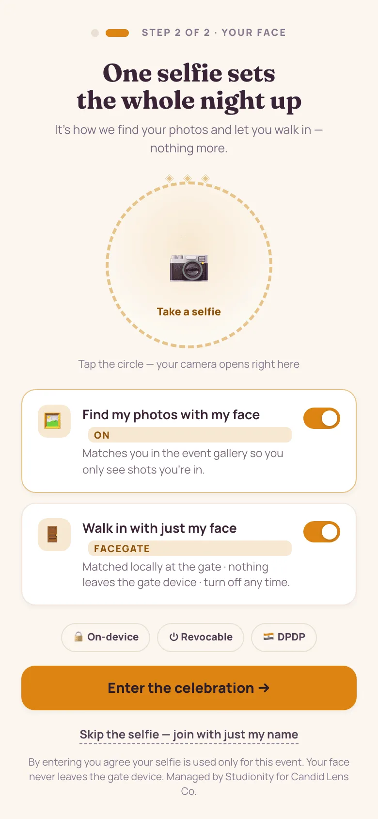 The join screen on a phone: one selfie, with a consent toggle for photo matching