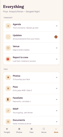 Guest 'Everything' menu on a phone: a full nav hub grouped into Tonight (agenda, updates, venue, report), You (photos, pass, FaceGate, RSVP, documents, connect) and Event (host and sponsor details, leave-this-event)