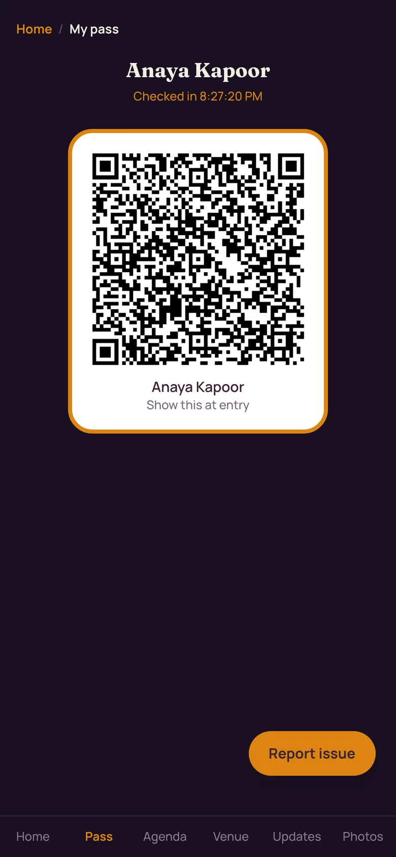 A guest's phone showing their entry QR with their name and check-in time