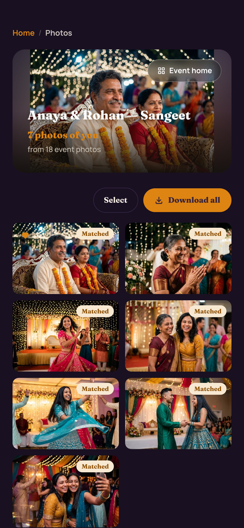 Guest photo gallery on a phone: 'Your night, found by your face', a count of photos of you so far, filters for just-mine, everyone's and named groups, and favourite hearts