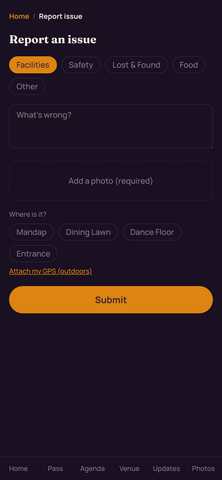 Guest 'report to crew' on a phone: category buttons for lost item, medical, access and other, a message box, an add-a-photo option, and a note that it goes straight to the ops crew's board rather than a group chat