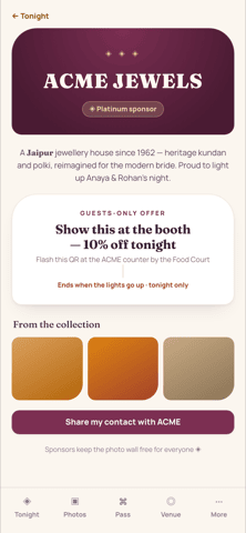 Guest sponsor page on a phone: a platinum sponsor's branded page with a short story, a guests-only offer to flash a QR at the booth, a collection preview, and a 'share my contact' opt-in