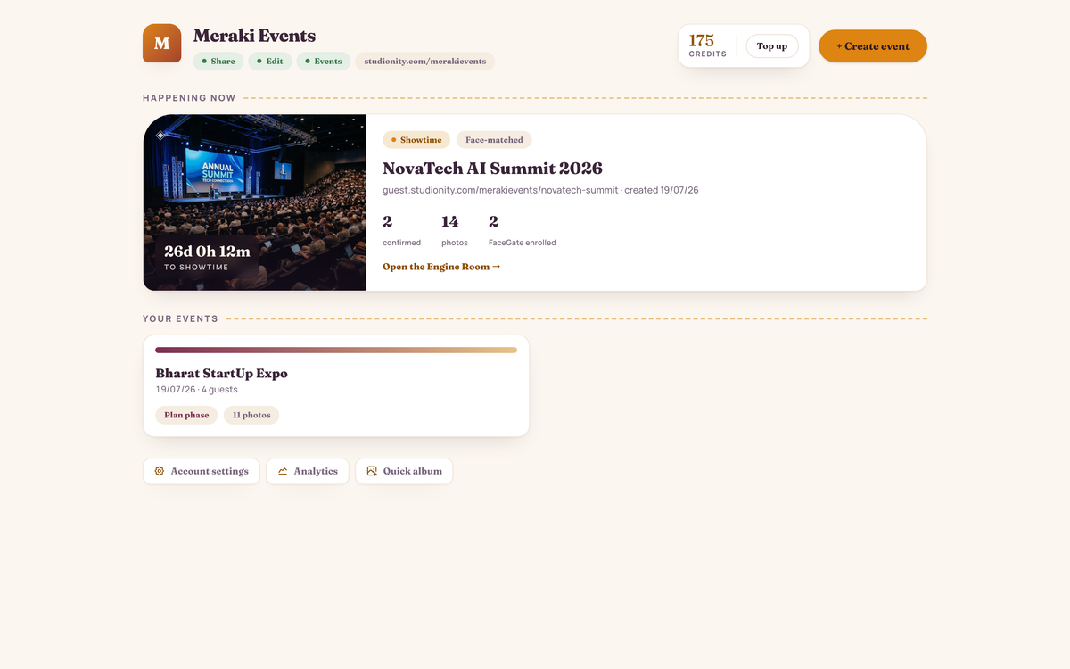 Events-only manager studio home for Meraki Events — an ops-scoped event list