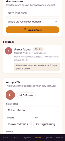 Guest Connect screen at a summit: a scan-a-guest prompt, a saved contact card for another attendee with their company, title and where you met, and your own networking profile below