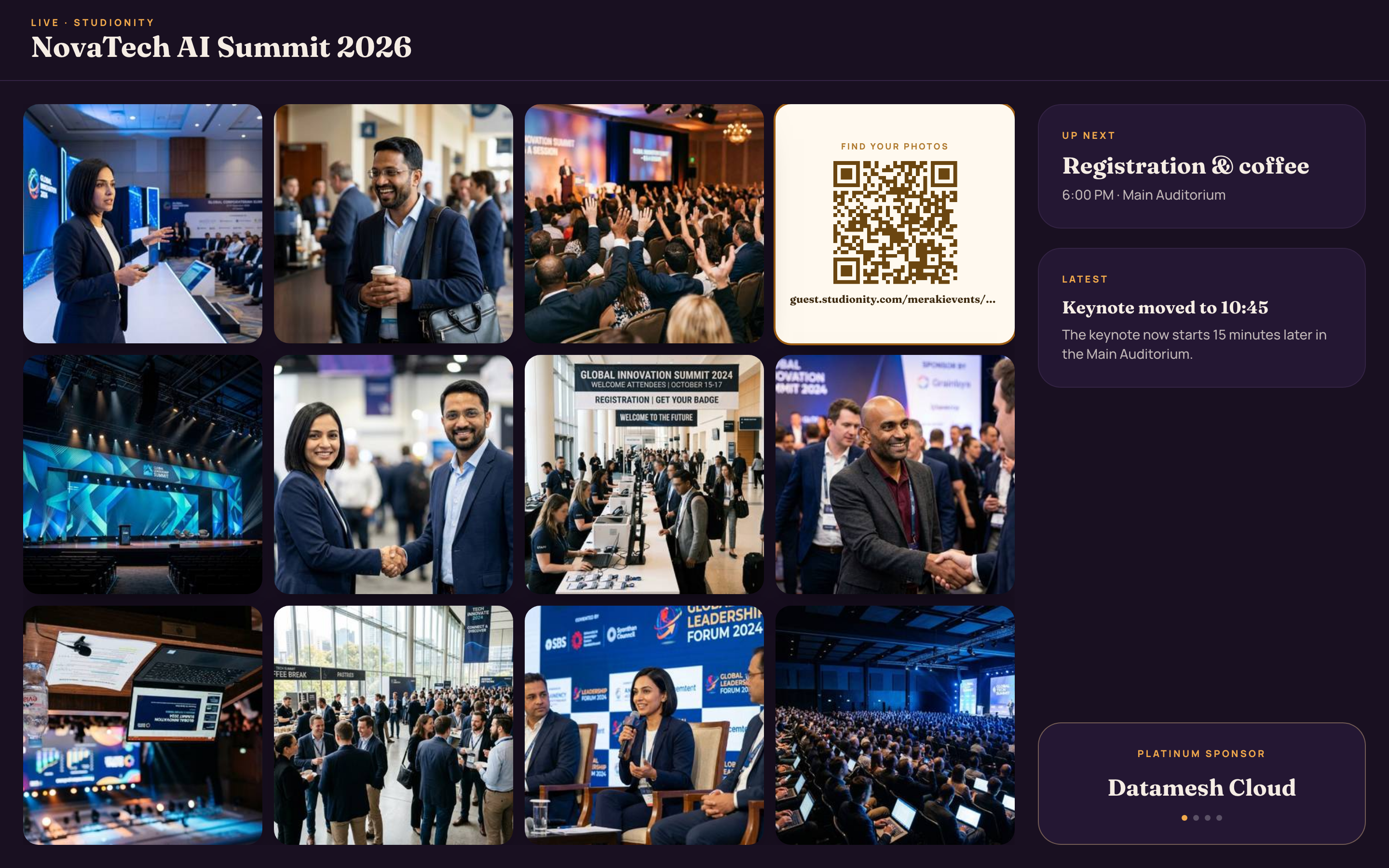 Live venue screen signage at NovaTech AI Summit: a photo wall of keynote, expo-floor and networking shots, a find-your-photos QR card, the run-of-show up next and a Platinum sponsor credit