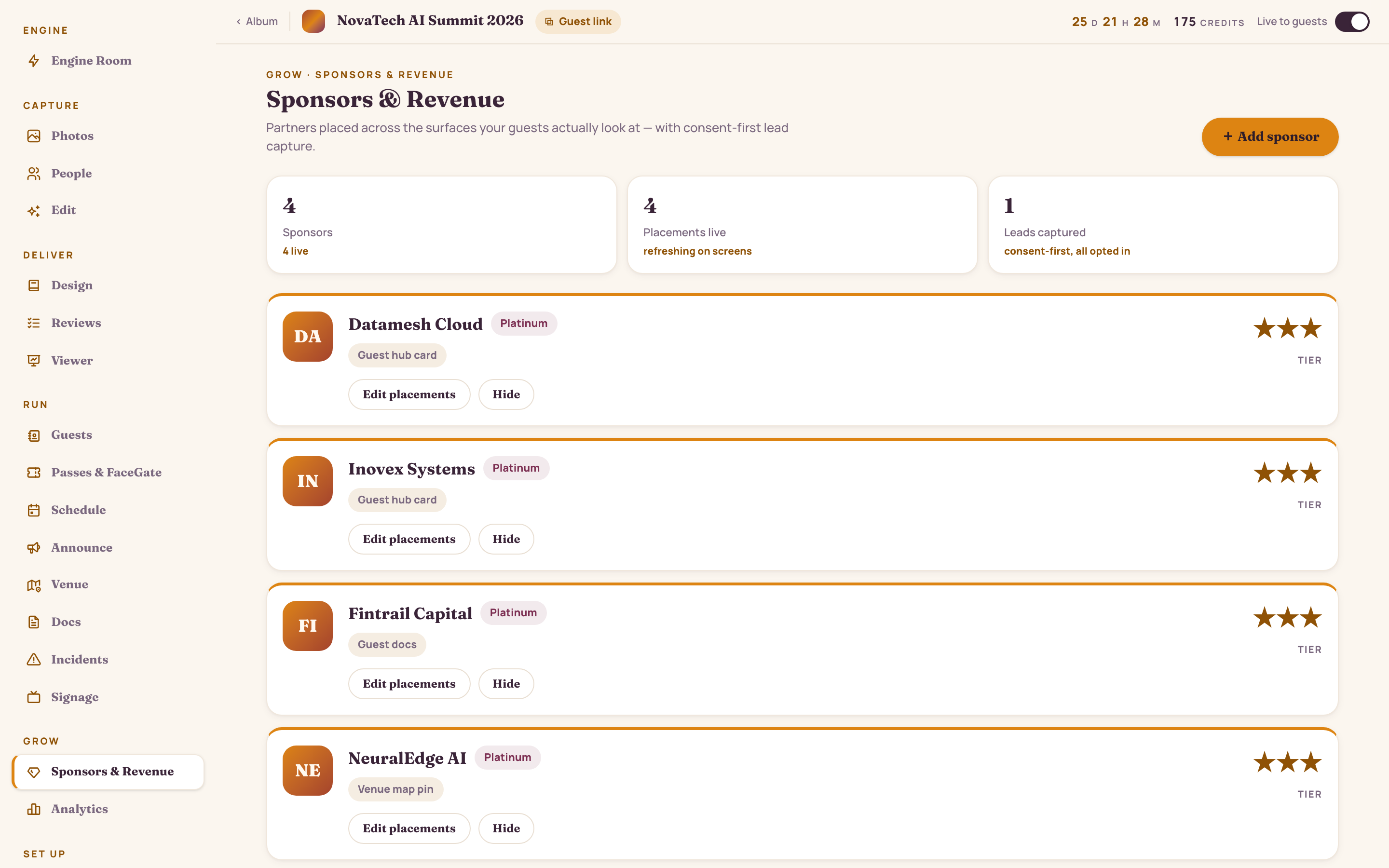 Sponsors and Revenue console for a tech summit: Platinum sponsors like Datamesh Cloud and Inovex Systems with their placements, live placement counts and consent-first leads captured