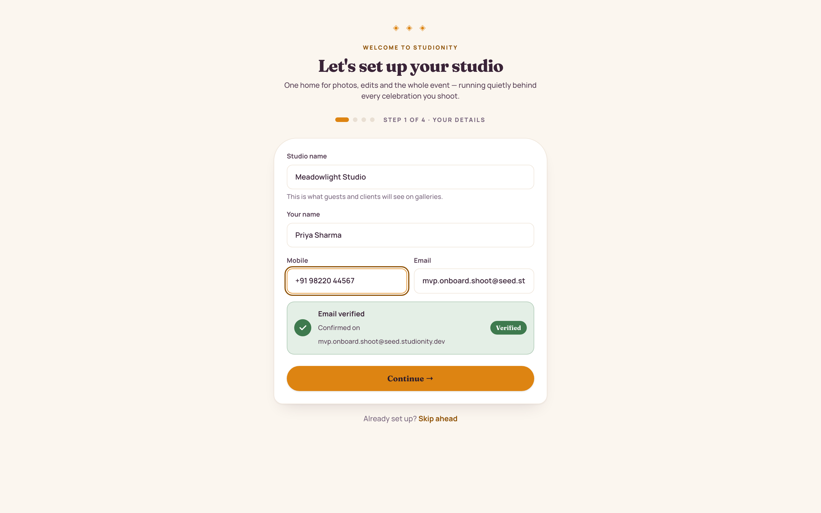 Studio onboarding: create your studio account with name, contact and a verified mobile or email