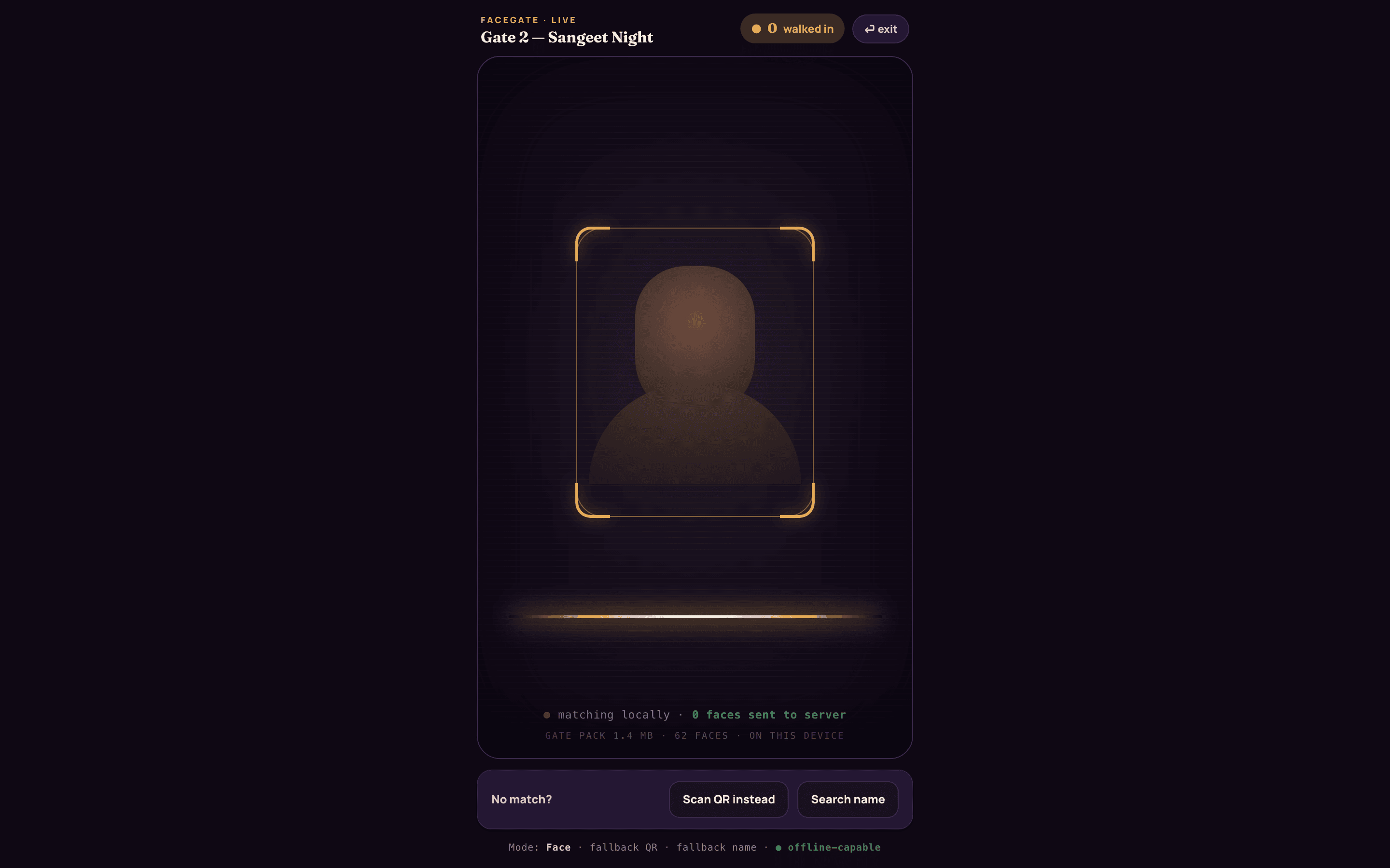 FaceGate live scanner on a crew tablet: face-recognition check-in at the gate