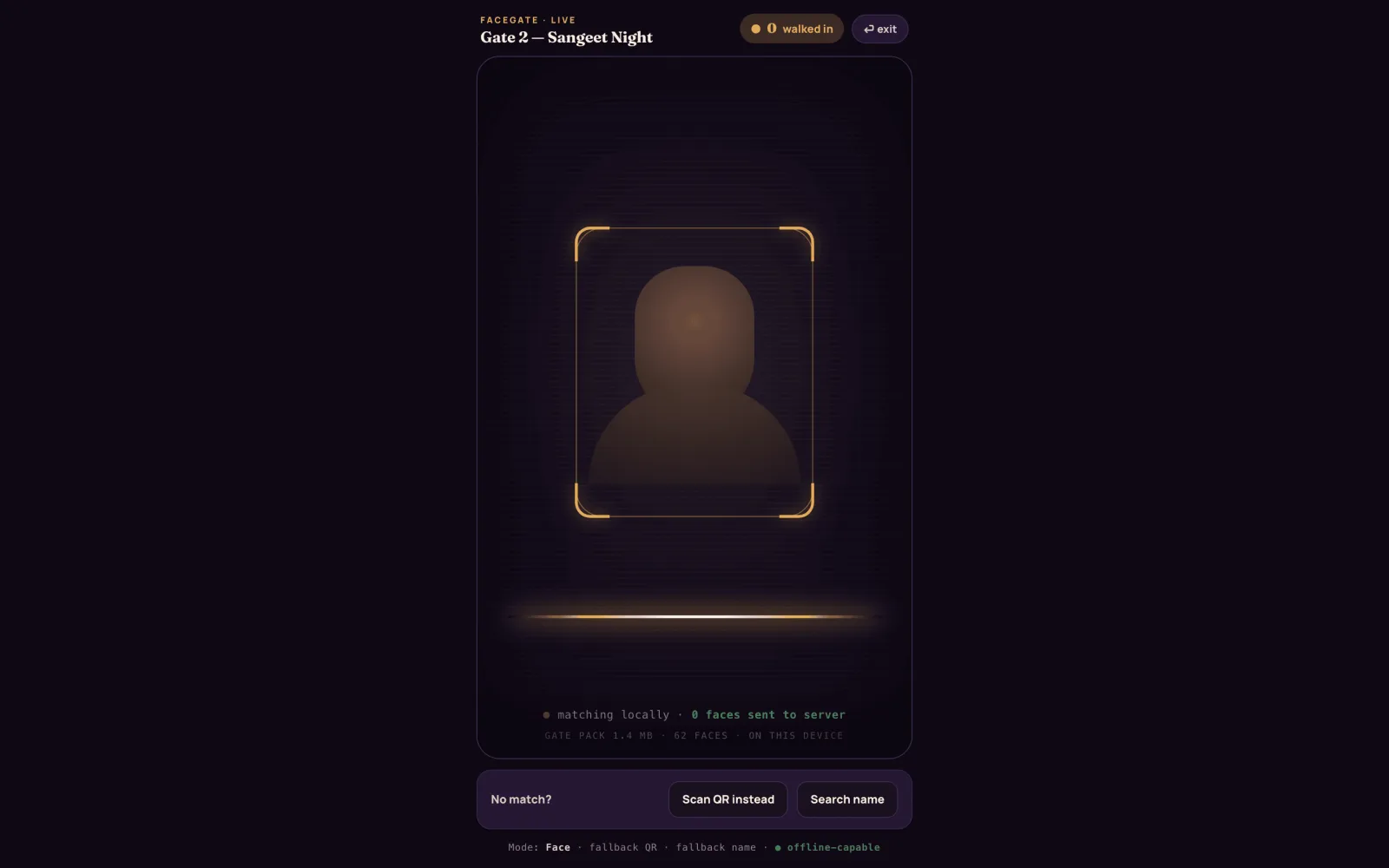 The FaceGate gate view on a crew tablet: a gold reticle around a guest's face, matching locally with no faces sent to the server