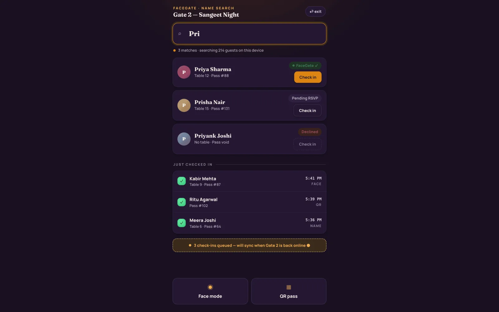 The gate app in name-search mode: three matching guests with their tables, a just-checked-in list showing face, QR and name entries, and a note that three check-ins are queued offline