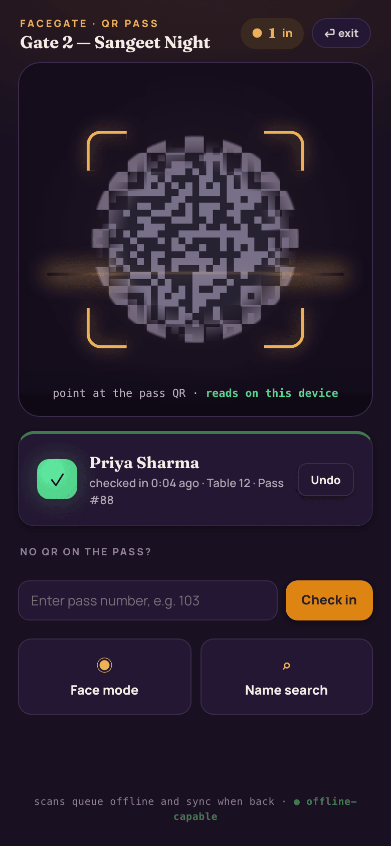 QR check-in on a crew phone: a viewfinder aimed at a pass QR that 'reads on this device', the last scan confirmed for Priya Sharma at Table 12 · Pass #88 with an Undo, a manual pass-number field, and buttons to switch to Face mode or Name search