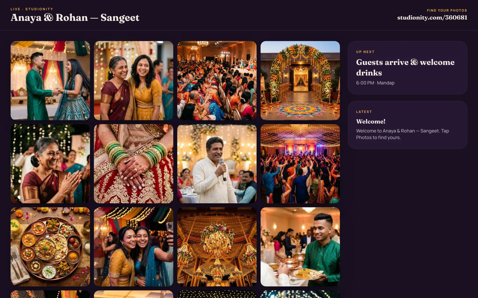 A venue screen showing a live photo wall beside an up-next card and the latest announcement